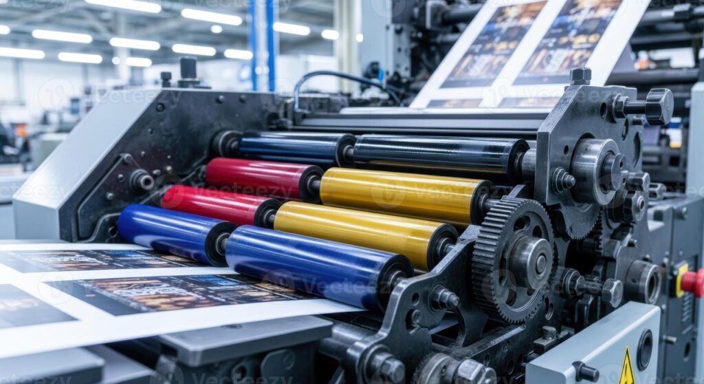 industrial offset printing press with colorful rollers actively printing in a factory photo